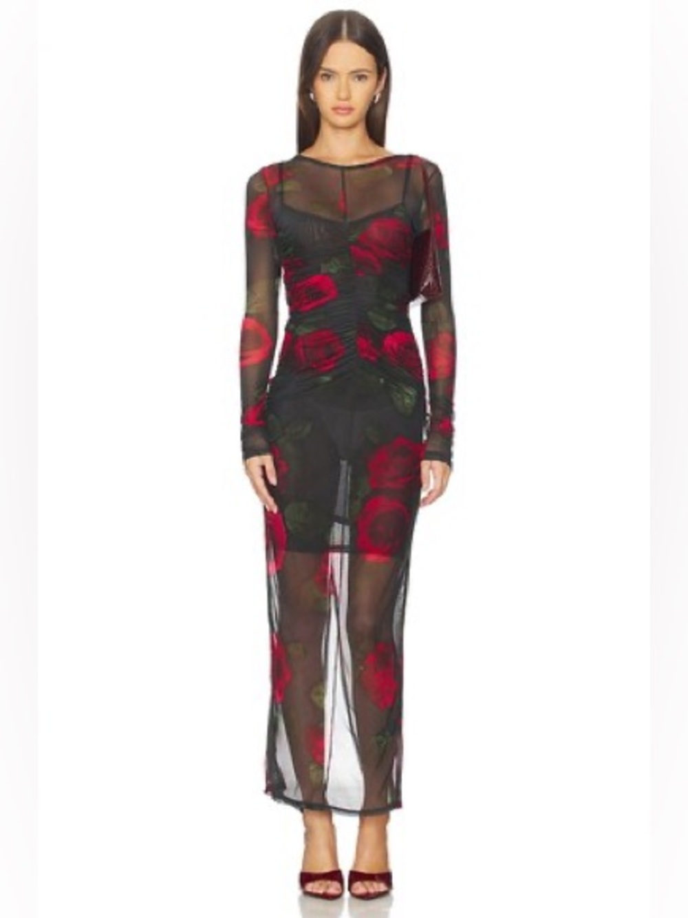 Good American Moody Red Roses Mesh Ruched Maxi Dress XL Whimsigoth NWOT Sheer